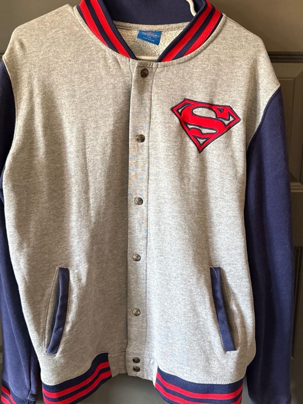 DC Comics Superman Varsity Snap Button Jacket Gray Blue Red S14